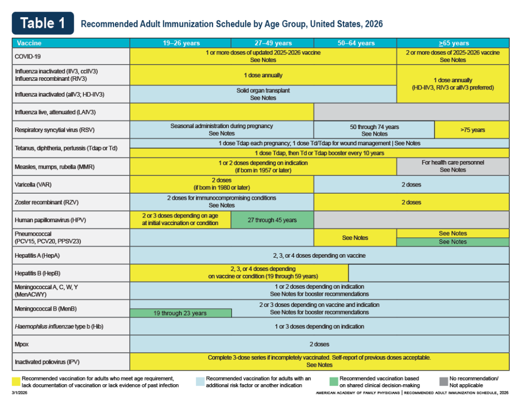 2026 AAFP immunization schedule for adults